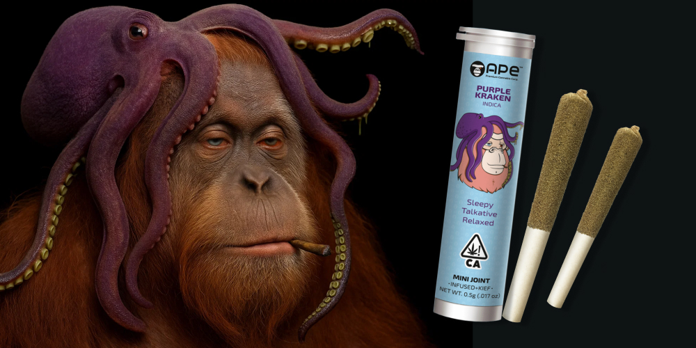 A realistic orangutan with octopus tentacles smoking, next to APE Purple Kraken mini joints.