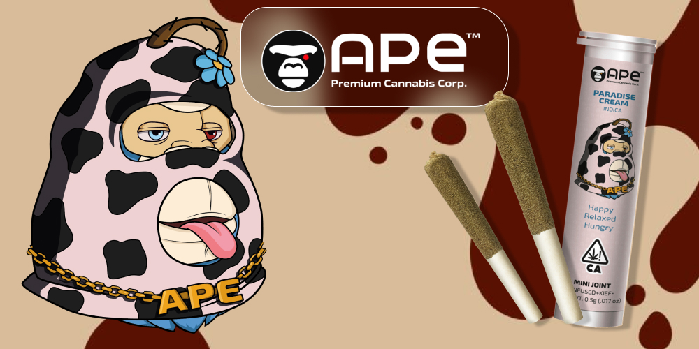 Paradise Cream — Mini joint infused+kief (0.5g) An illustration of an ape in a cow-print mask next to two cannabis joints and a product tube.