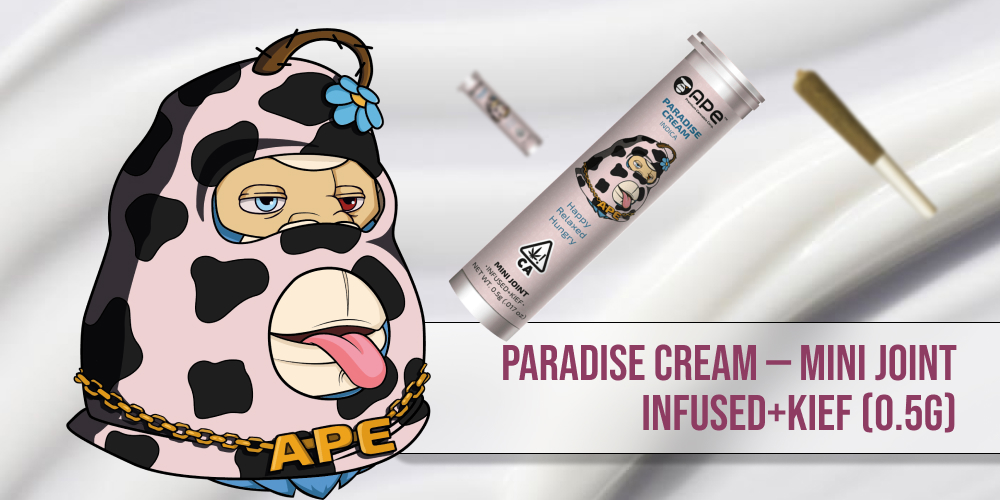 Paradise Cream — Mini joint infused+kief (0.5g) An illustration of a cow-print ape mascot next to a cannabis product tube and a joint.