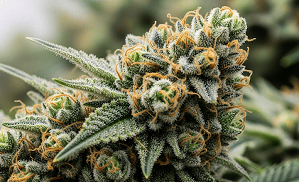 Blue Dream THCA strain Macro shot of Blue Dream THCA cannabis buds covered in trichomes and orange pistils.