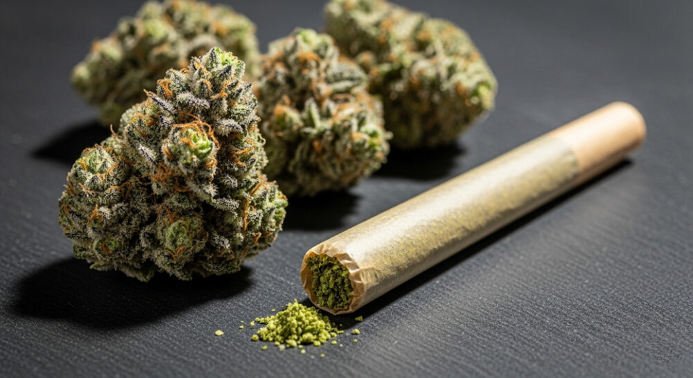 Rolled cannabis joint beside Kandy Mintz buds