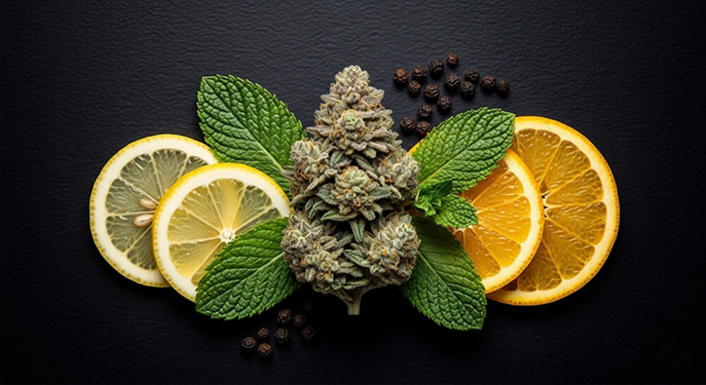 Citrus, mint, and pepper next to Kandy Mintz bud
