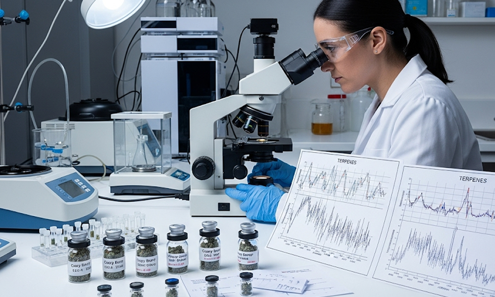 Scientist in lab examining Crazy Berry THCA under microscope