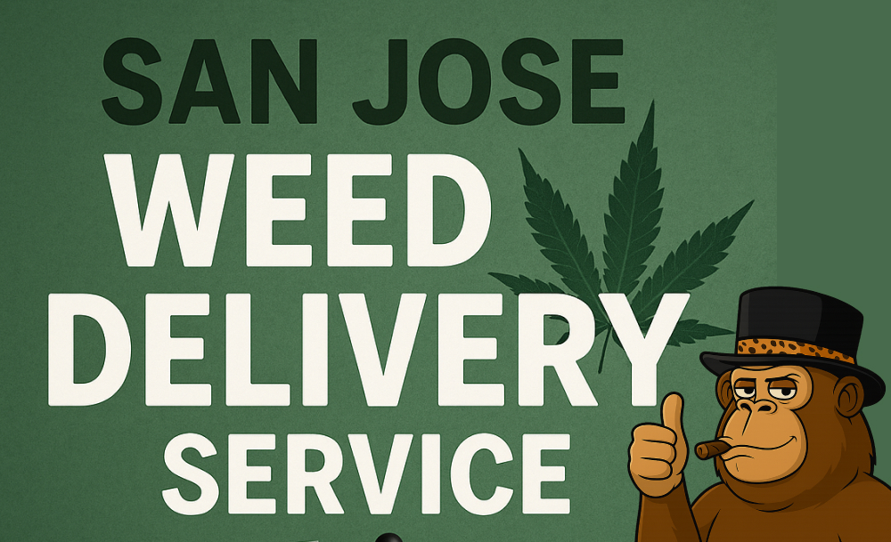 Text reading "SAN JOSE WEED DELIVERY SERVICE" in large white letters with a cannabis leaf graphic and a cartoon monkey mascot giving a thumbs-up and smoking a cigar.