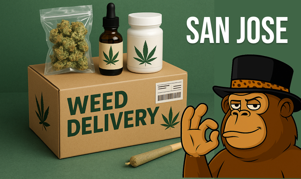A cardboard delivery box labeled "WEED DELIVERY" next to packaged cannabis flower, oil dropper, and a pill bottle, with a cartoon monkey mascot in a top hat giving an 'OK' sign.