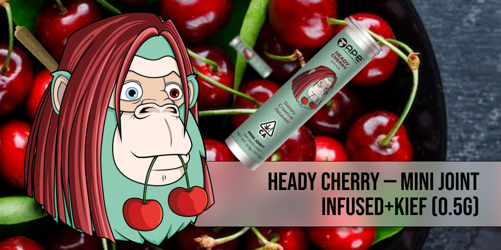 Heady Cherry — Mini Joint Infused + Kief (0.5g) A cartoonish ape with long red hair and two different colored eyes holds a cherry stem in its mouth. A pre-rolled mini joint is shown next to it, with the text "HEADY CHERRY - MINI JOINT INFUSED+KIEF (0.5G)".
