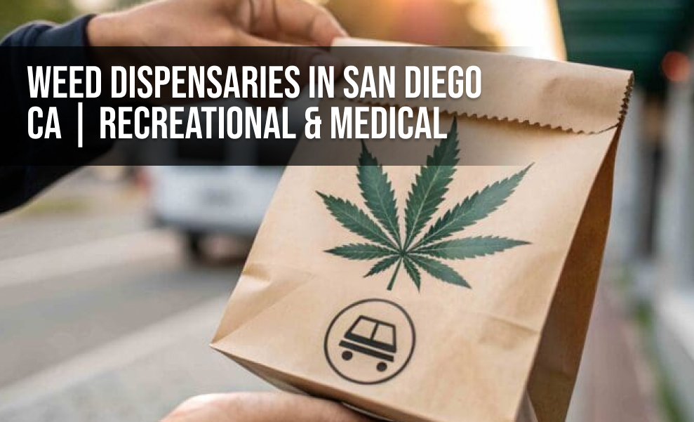 A person's hand holding a brown paper bag with a cannabis leaf logo and a delivery car icon. The text "Weed Dispensaries in San Diego CA | Recreational & Medical" is overlaid on the image.