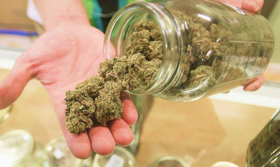 A person's hand holding a glass jar and pouring a handful of dried cannabis buds into their other open palm.