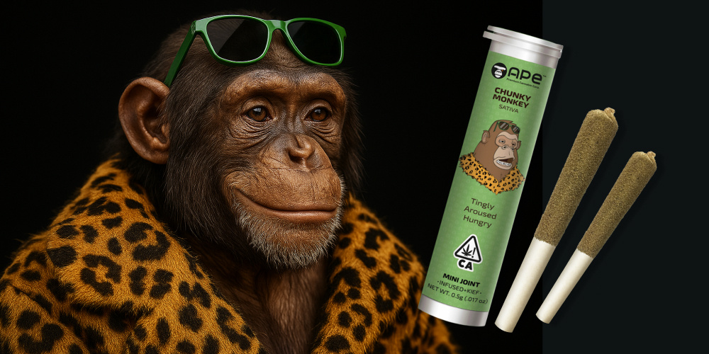 Chunky Monkey — Mini joint infused+kief (0.5g) A realistic chimpanzee wearing sunglasses and a leopard-print coat is shown next to a Chunky Monkey mini joint container and two pre-rolled joints.