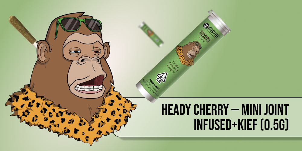 Chunky Monkey — Mini joint infused+kief (0.5g) An illustrated ape character with sunglasses and a leopard-print scarf is shown next to a Heady Cherry mini joint container and a blurred flying mini joint.