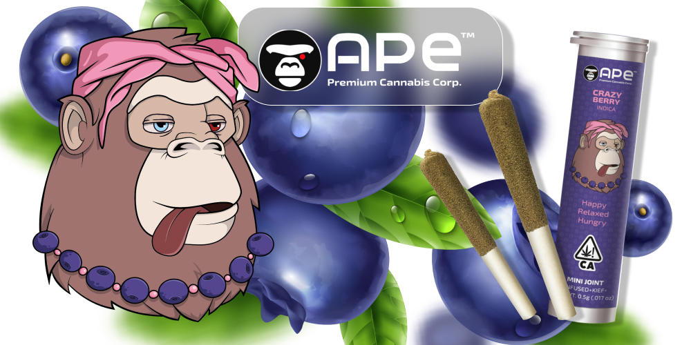 A cartoon ape character with a bandana and blueberry necklace, next to "Crazy Berry" mini joints and the APE Premium Cannabis Corp. logo, surrounded by blueberries.