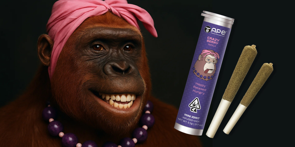 A realistic ape character wearing a pink bandana and purple beads, smiling widely, next to a tube of "Crazy Berry" mini joints and two pre-rolled joints.