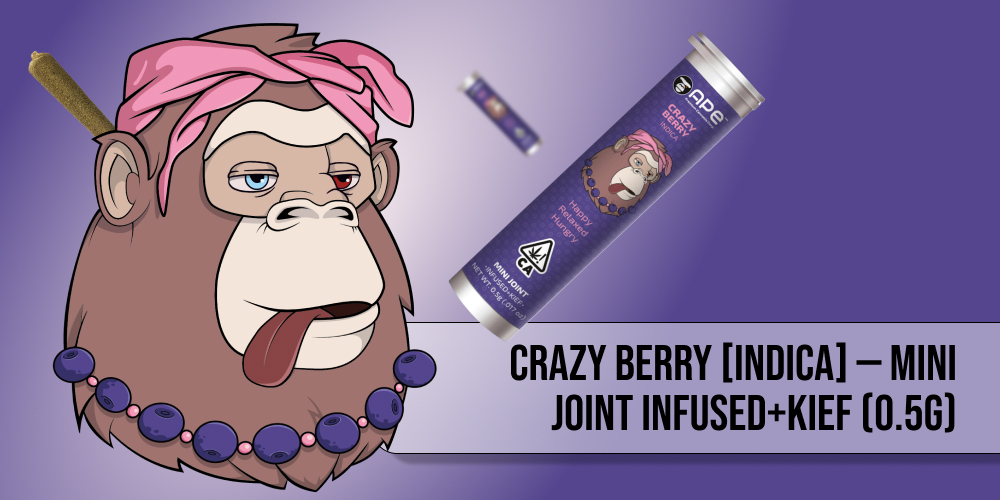 A cartoon ape character with a bored expression, sticking its tongue out, holding a joint, with a "Crazy Berry" product tube and floating joints in a purple background.