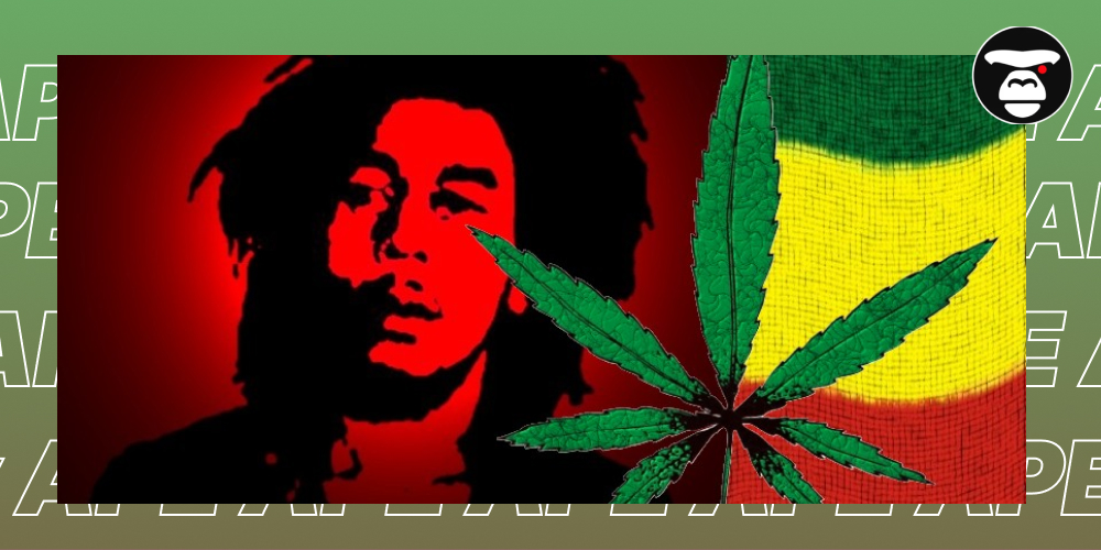 How Cannabis Shaped Modern Music: From Jazz to Hip-Hop Stylized red silhouette of Bob Marley with a cannabis leaf overlaying the Jamaican flag colors.