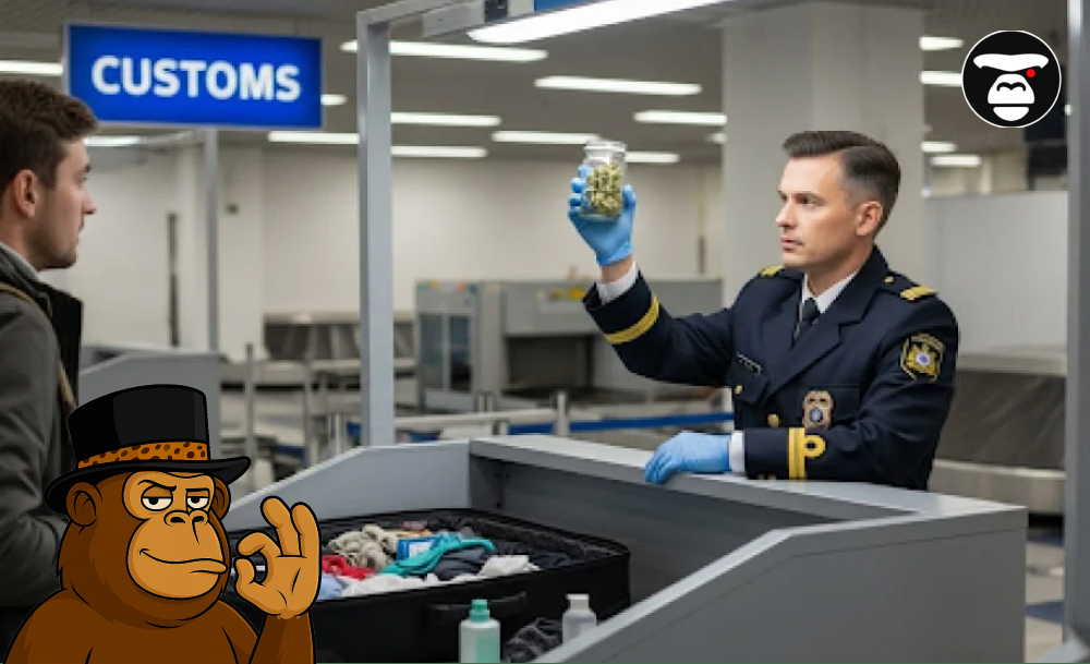Can I take THCA on a plane? A customs or security officer in gloves holds up a jar of cannabis flower, inspecting it while a passenger looks on.