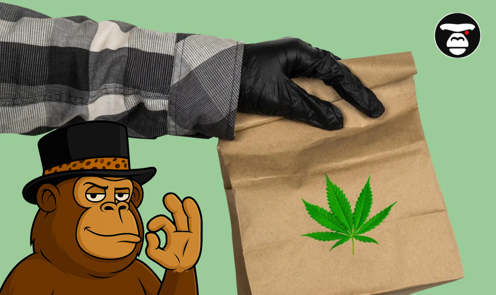 San Bernardino Weed Delivery Service Gloved hand handing off a sealed brown paper delivery bag with a cannabis leaf logo