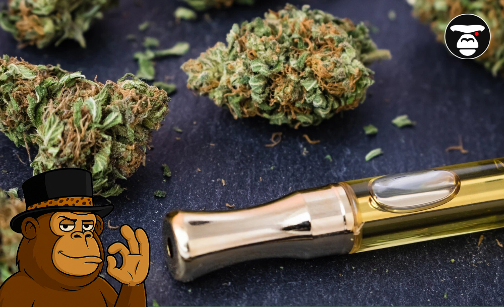 Top 5 Weed Sauce cartridges in Oakland Cannabis flower buds and a gold vape cartridge on a dark background, featuring an ape mascot doing an "OK" sign.