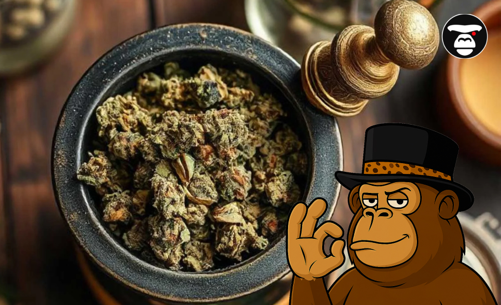 Close-up of ground cannabis flower in a black mortar with a brass pestle
