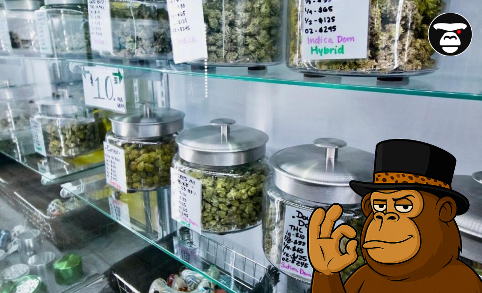 Weed Delivery and Dispensaries in Riverside Cannabis flower displayed in labeled glass jars on shelves inside a dispensary, with the ape mascot in the corner.
