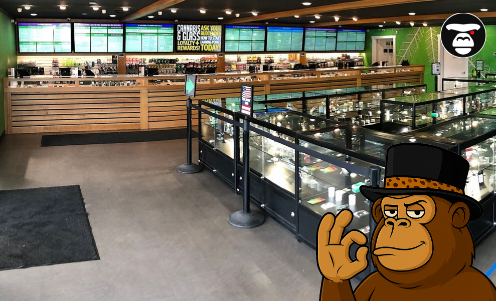 Weed Dispensaries in Oakland
CA. Recreational & Medicale Wide view of a modern recreational cannabis dispensary interior with display cases and digital menus