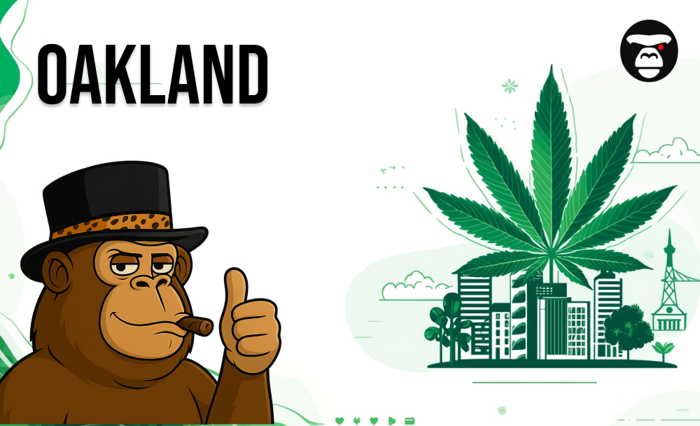A clean, minimal graphic featuring a cartoon ape mascot giving a thumbs up and smoking a cigar on the left. On the right, a large cannabis leaf overlays a simple line-art depiction of the Oakland city skyline. The word "OAKLAND" is in bold text.