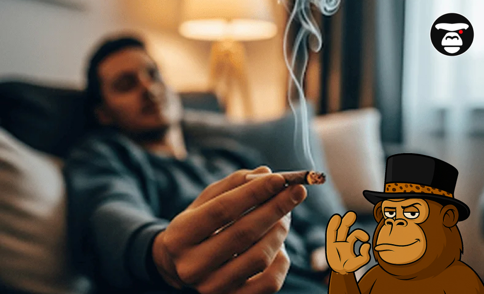 How can you tell if a variety is of poor quality or fake? A person relaxing on a couch, holding a smoking joint with visible smoke, and a cartoon monkey making an 'OK' sign.