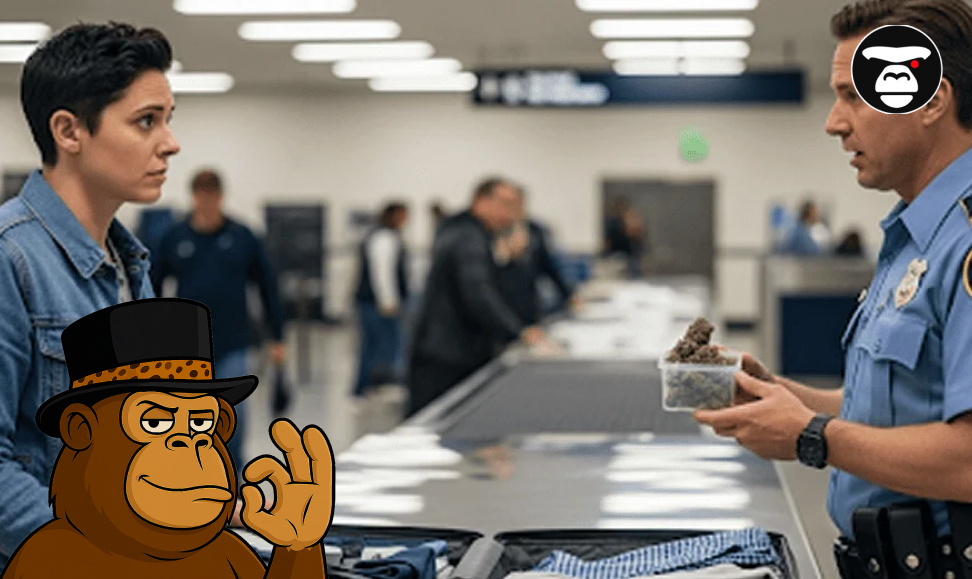 Can I take THCA on a plane? A security officer holds a container of cannabis while speaking to a female passenger at an airport security checkpoint.