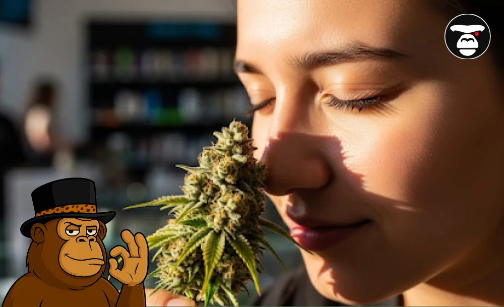 How can you tell if a variety is of poor quality or fake? A person with their eyes closed, smelling a large, fresh cannabis bud they are holding.