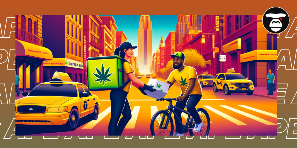 Weed Delivery Service in Santa Rosa Stylized illustration of a cannabis delivery in a vibrant city street (New York City style), showing a woman handing a package to a cyclist.