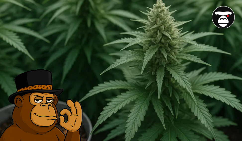 What Is Veganic Weed? Detailed close-up of a dense, frosty cannabis flower (cola) against a blurred backdrop of greenery.