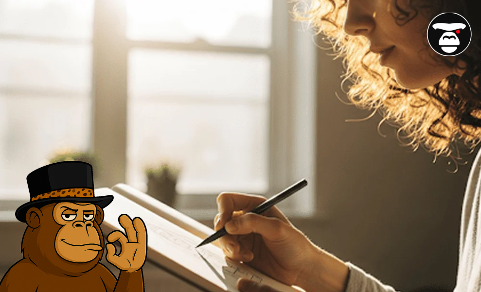 A profile view of a person with curly hair sketching in a notebook, brightly lit by sunlight from a window, with a cartoon ape character giving an 'OK' sign next to them.
