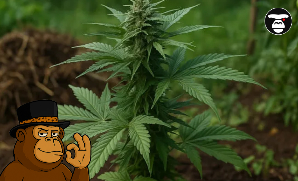 What Is Veganic Weed? A healthy, mature cannabis plant growing in an outdoor garden setting with rich soil and greenery.