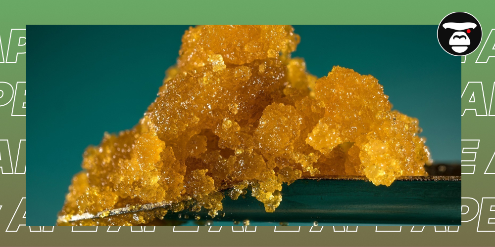 A macro shot of crystallized, golden-orange cannabis concentrate on a dab tool, set against a teal background.
