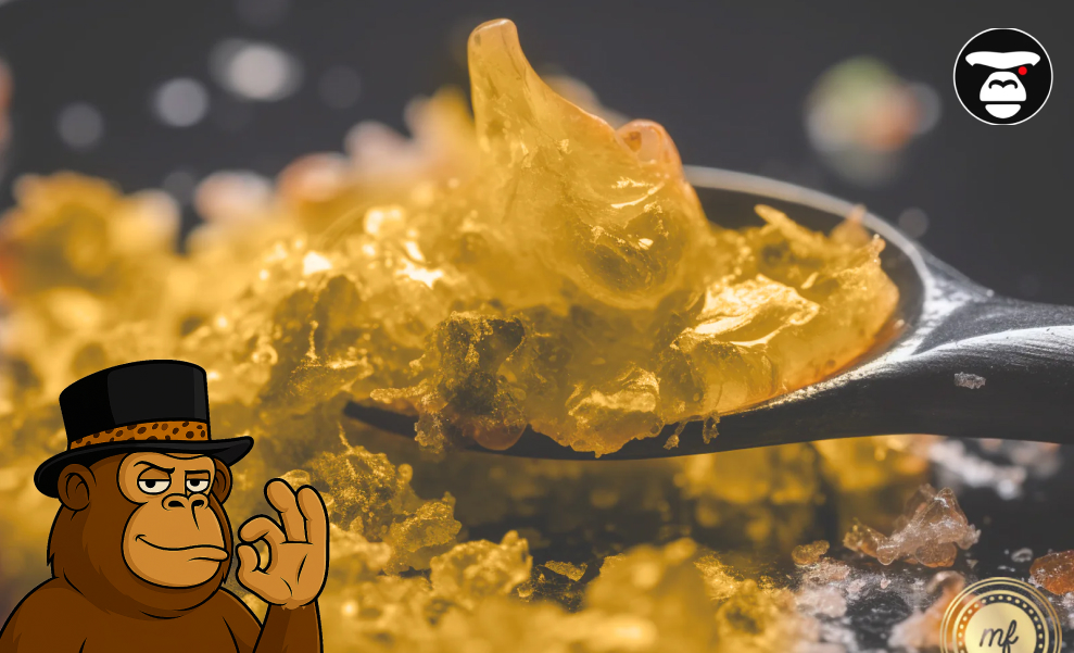 A close-up, warm-toned photo of golden cannabis concentrate melting slightly on a black dab tool, creating a viscous texture.