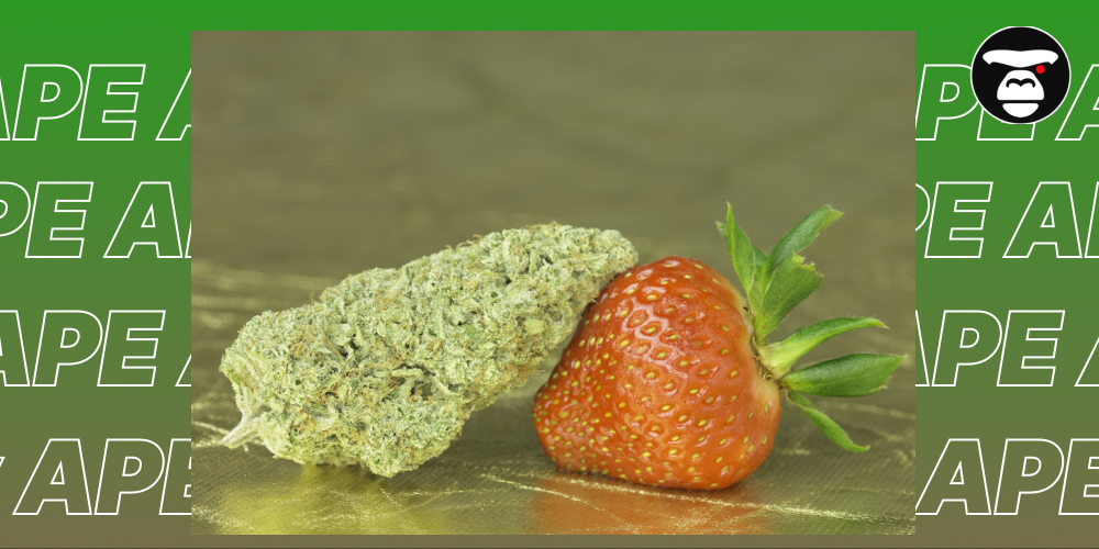 A large, dense cannabis bud with a light green, trichome-covered texture, next to a fresh, whole red strawberry with a green stem. The background is a golden hue with a repeated green 'APE' logo.