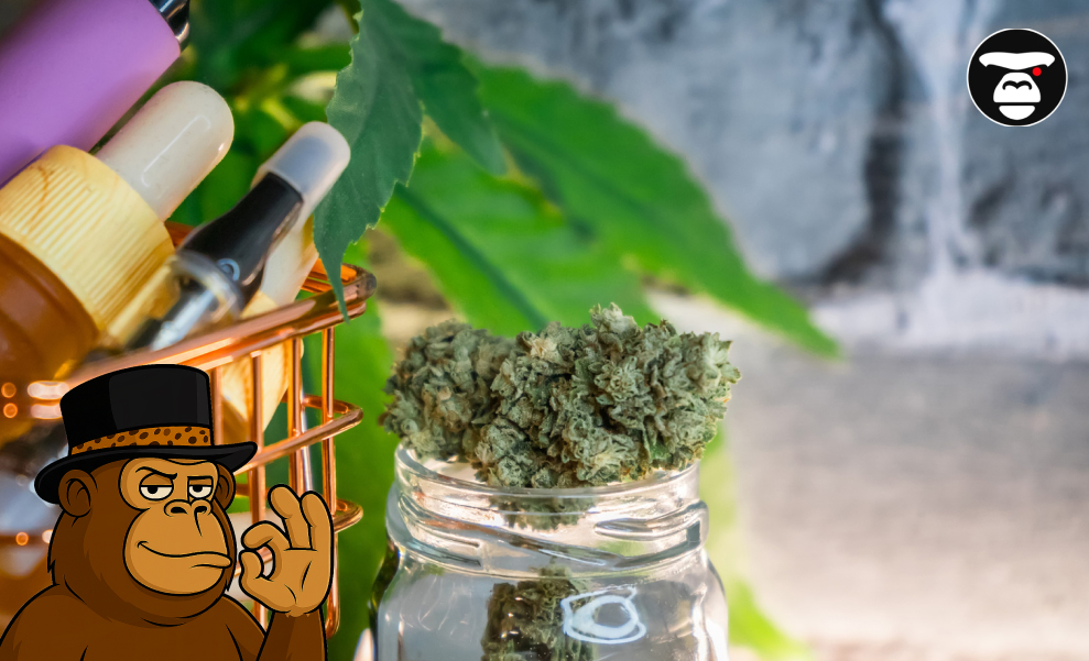 Weed Delivery Service in Santa Rosa Close-up of dried cannabis flower buds in a jar next to vape cartridges and oil droppers.