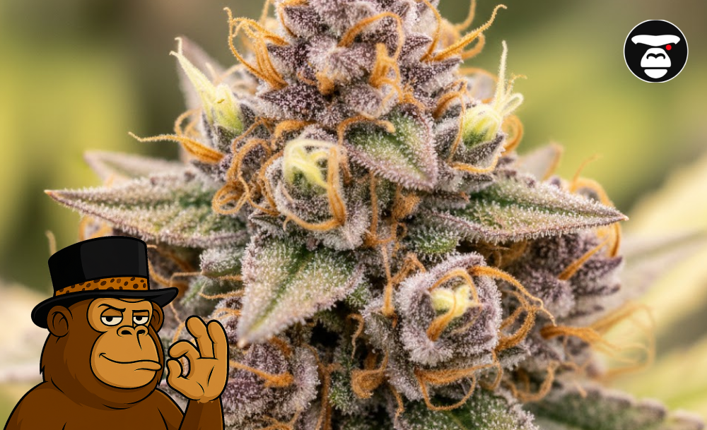 Close-up macro photography of a purple and green cannabis flower showcasing frosty trichomes and orange hairs.