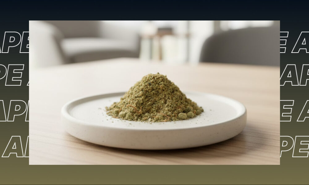 A pile of golden cannabis kief on a modern white plate, representing premium cannabis delivery in Hollywood options.