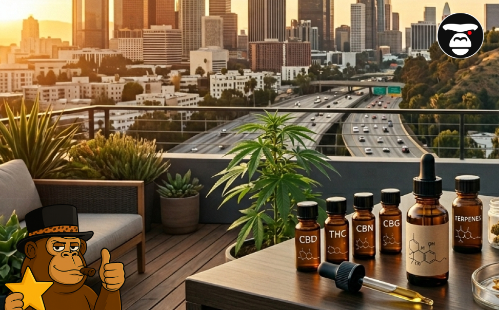 A collection of labeled cannabinoid and terpene oil bottles on a balcony overlooking the Los Angeles city skyline at sunset.