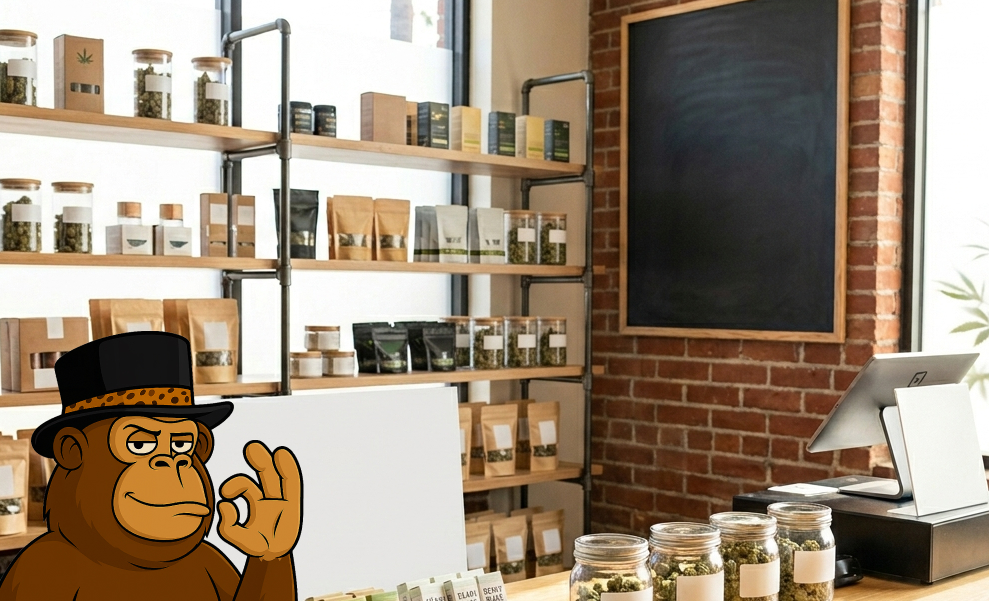 Interior view of a premium Los Angeles cannabis dispensary featuring shelves of packaged products and glass jars of flower.
