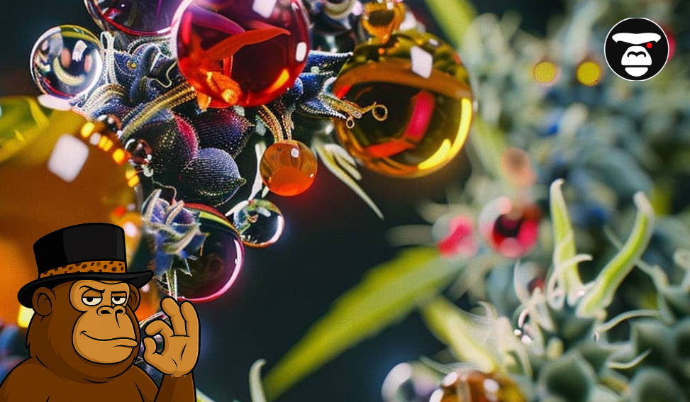 Vibrant, colorful light orbs reflecting off crystalline cannabis trichomes.