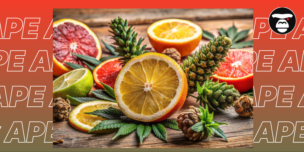 Terpenes in Cannabis: How They Affect Flavor, Aroma, and Effects Cannabis buds/cones and various citrus fruits (lemon, orange, grapefruit, lime) on a rustic wooden background.