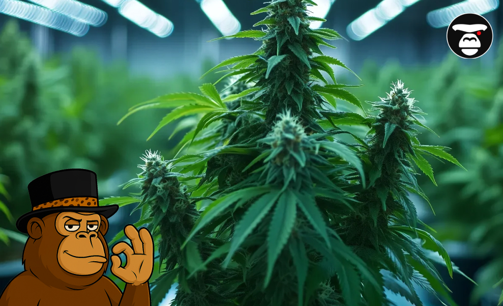 Full cannabis plants growing vertically under controlled, artificial lights in an indoor facility.