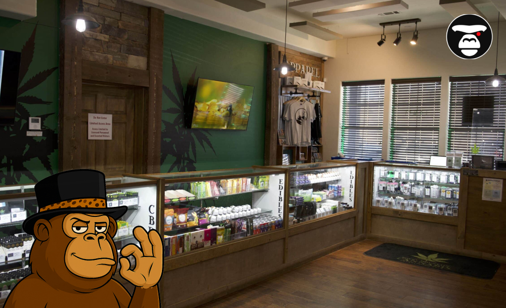 San Jose Weed Dispensaries Interior view of a clean, well-lit cannabis dispensary with display cases featuring edibles and accessories.