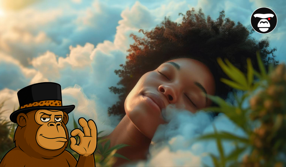 How to Combine Cannabis with Relaxation: Tips from Experienced Users Woman peacefully closing her eyes, surrounded by clouds, smoke, and cannabis leaves, suggesting deep relaxation.