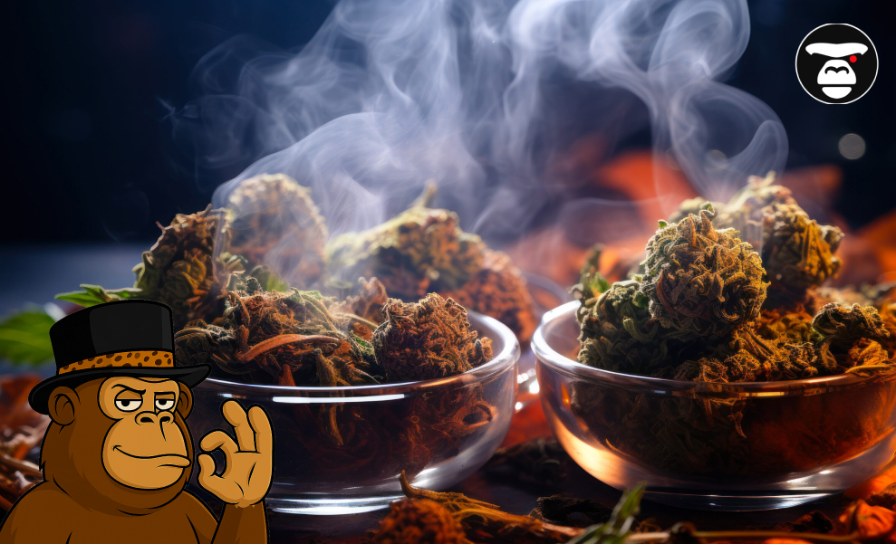 Terpenes in Cannabis: How They Affect Flavor, Aroma, and Effects Two small glass bowls filled with cannabis buds, with smoke rising above, and a cartoon monkey character.