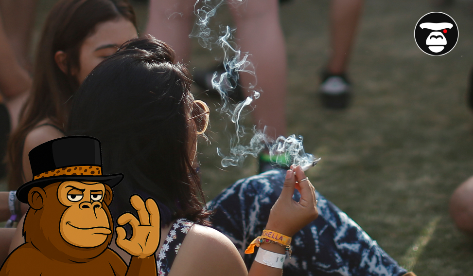 A person from the back smoking a joint outdoors, with smoke rising, surrounded by other people.