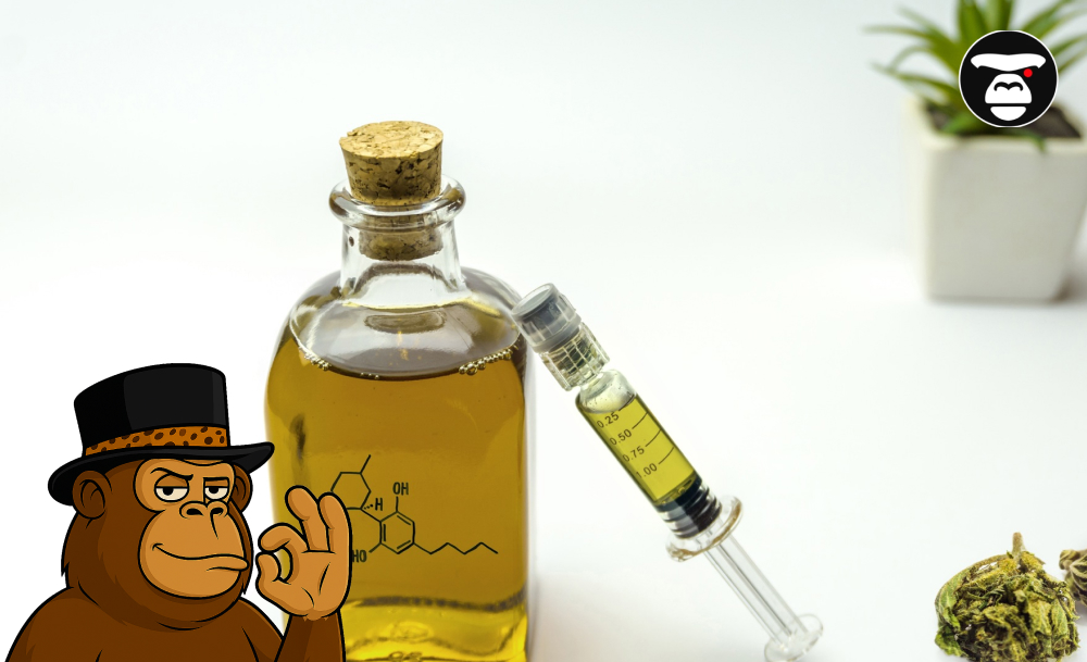 Distillate Weed: What is that? A large glass jar of oil and a measured syringe with a chemical formula overlay.