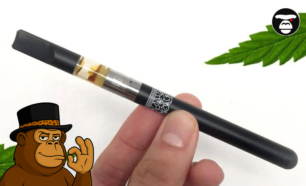 Top 5 Weed Sauce cartridges in Riverside Hand holding a black vape pen with a Weed Sauce Cartridge against a white background with a cannabis leaf.