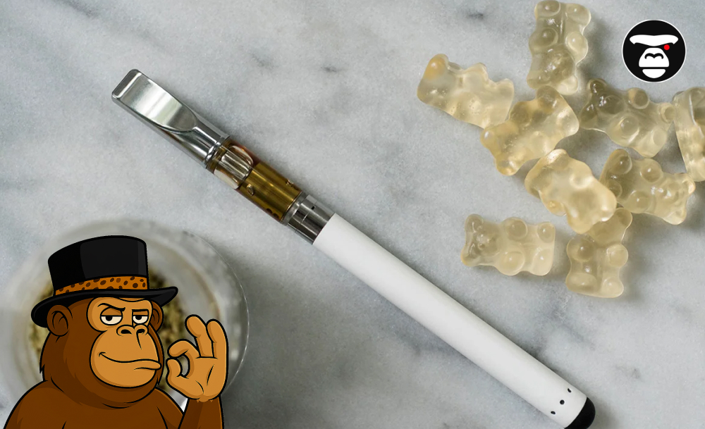 Top 5 Weed Sauce cartridges in Riverside White vape pen with a Weed Sauce Cartridge next to cannabis-infused gummy bears on a marble surface.